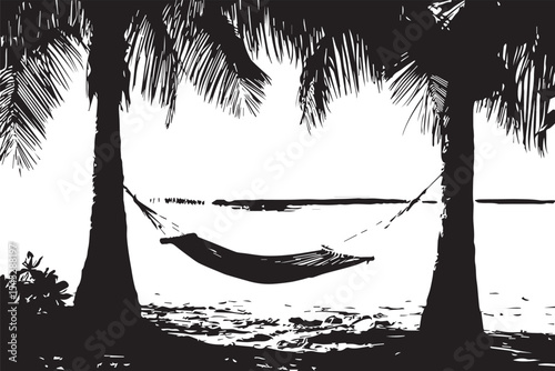 Hammock strung between palm trees on a sandy beach overlooking the ocean with gentle waves rolling in