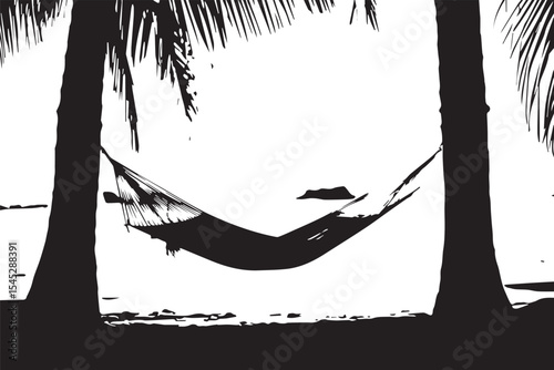 Hammock strung between palm trees on a sandy beach overlooking the ocean on a cloudy day at the coast