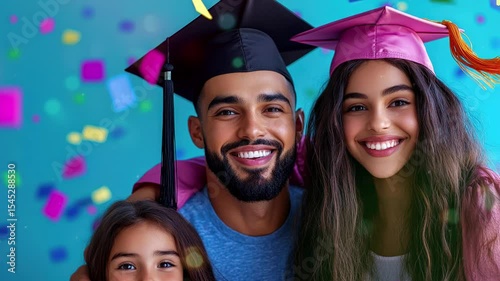 A family celebrates graduation day with smiles and laughter. Graduates wear caps and gowns, surrounded by colorful confetti and decorations, capturing a joyful moment