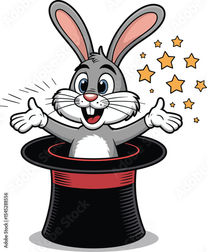 Happy cartoon rabbit appearing from magic hat