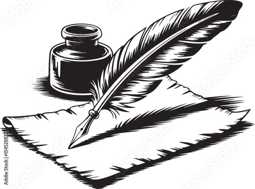 engraving vintage quill inkwell on parchment vector art illustration, old vintage quill design.	