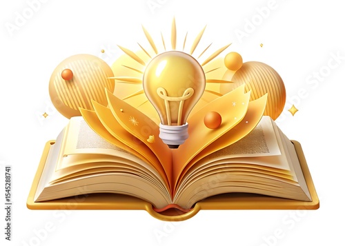 Open book with a glowing light bulb isolated on white background