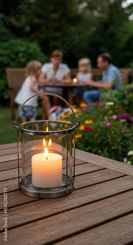 Foto Warm candlelit evening with family gathering in the garden creating a cozy atmos