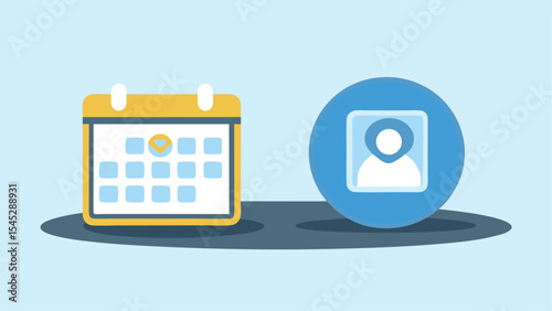 Illustration of a calendar with a check mark and a profile icon in a blue circle shape