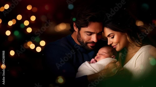 A loving couple holds their newborn baby close, surrounded by soft warm lights. The parents share a tender moment, reflecting joy and love in their expressions.