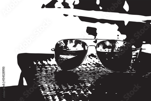 Sunglasses reflecting a tropical beach scene on a lounger near a turquoise swimming pool outside