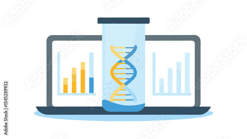 Illustration of dna strand in test tube on laptop screen with bar graphs displayed behind it
