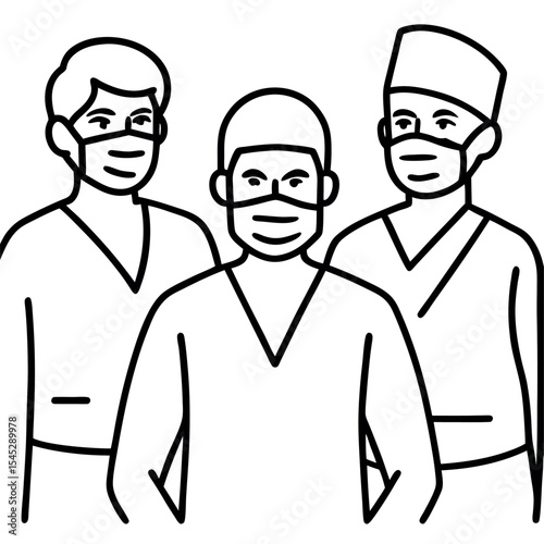 Three Surgeons Wearing Masks Before Surgery Line Art