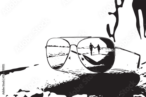 Sunglasses reflecting couple walking on beach placed on a rock near the ocean waves on a sunny day