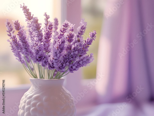 A few sprigs of lavender are placed in a vase, with delicate petals and a soft background