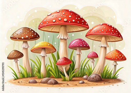 Colorful illustration of various mushrooms isolated on white background