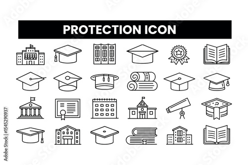 Set of  outline icons related to protection. Linear icon collection. Editable stroke. Vector illustration