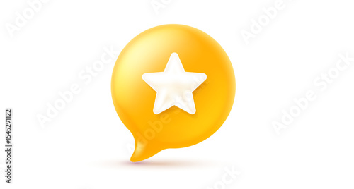 Vector illustration of realistic yellow color speech bubble with star on white background. 3d cartoon style design of communication icon. Social media symbol of text speech bubble with star