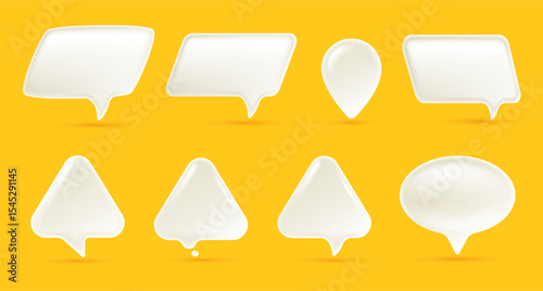 Vector illustration of set of realistic text speech bubble. Social media symbol of communication icon  on yellow background. 3d cartoon style design of different size shape white color speech bubble
