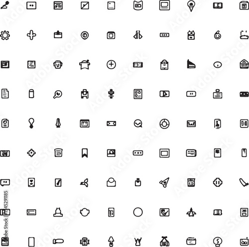 A collection of black and white web icons for business and mobile website design, featuring symbols for internet, computer, phone, camera, home, and office functions