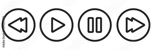 Media player button icons set.Pause, rewind, fast forward Play video icon collection.Vector Illustration. Play button. Video audio player. Music video start sign. Round play button icons.