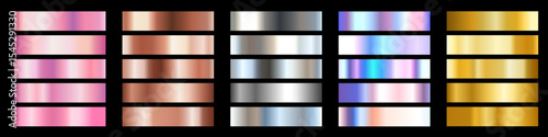 Vector set of different foil metallic gradient. 3d realistic style design of rose gold, silver, holographic, yellow gold and bronze color shiny gradation texture. Metal effect illustration in frame