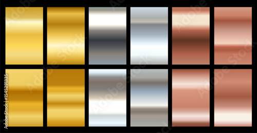Vector set of different foil metal gradient. Golden and chrome metal effect background. 3d realistic style design of yellow gold, silver and bronze color shiny metallic gradation texture in frame