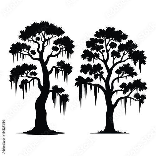 Black silhouette of cypress trees with moss vector art

