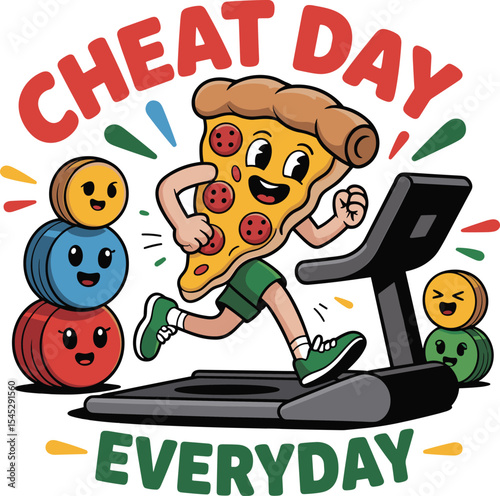 Funny pizza slice character running on treadmill