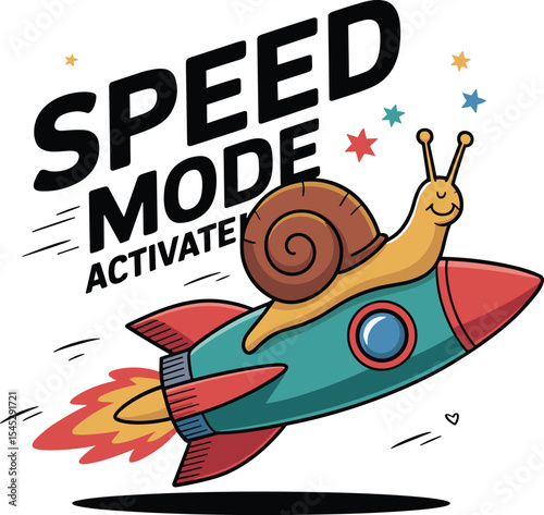 Snail riding rocket, speed mode activated, cartoon illustration