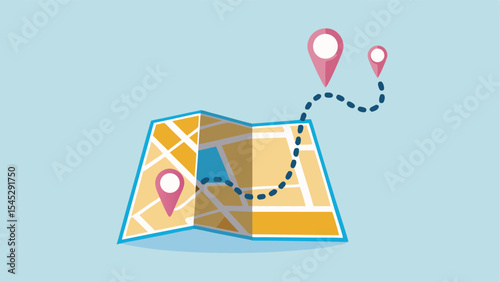 Illustration of a folded map with location pin markers and a dotted path on a light blue background