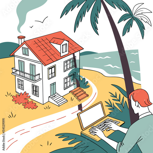 Remote Work in Paradise: Tropical Beachfront House with Ocean View and Laptop