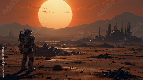 Astronaut in the desert at sunset. 3D rendering.