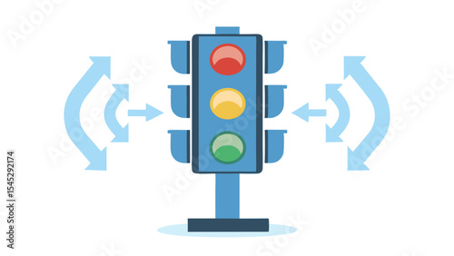 Illustration of a blue traffic light with red yellow and green lights and arrows around it