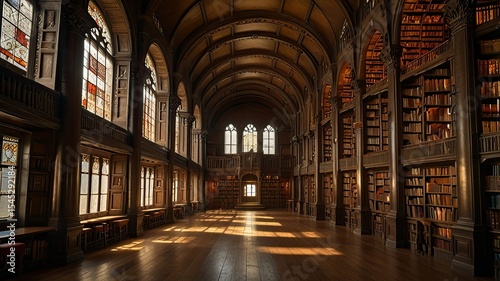 3d rendering of an old library interior with bookshelves and windows