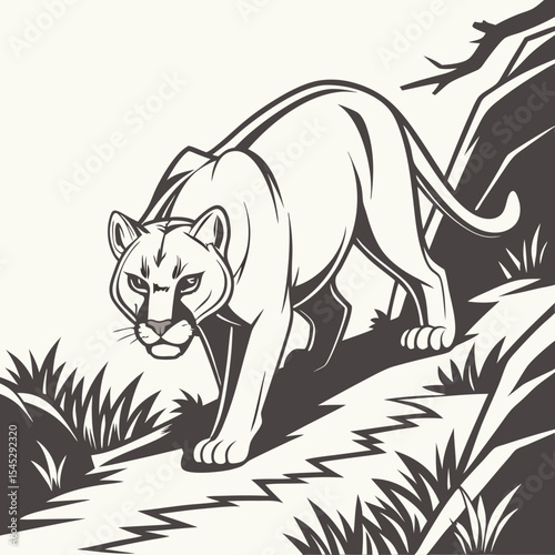A fierce mountain lion in a stalking pose with muscular details and wild gaze