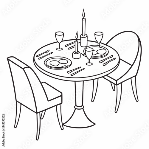 A cozy dinner table sketch with plates, candles, and chairs in minimal line style.
