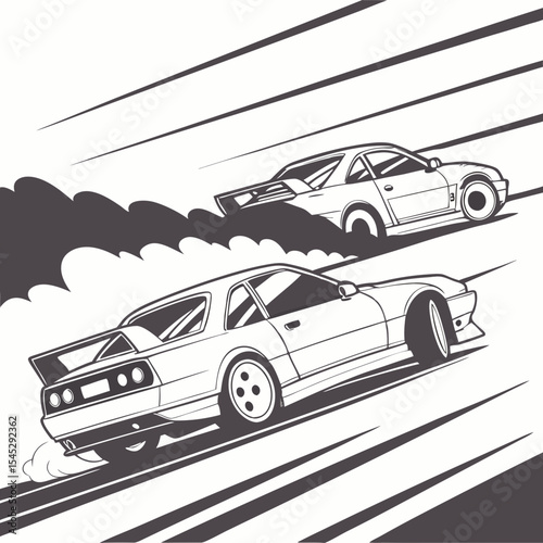 Two drifting cars creating smoke trails with speed lines and tilted angles in racing style