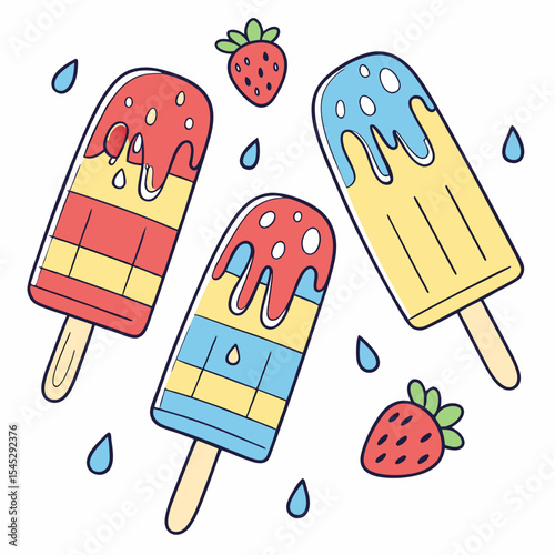 Bright ice pops with dripping layers and fruity colors in cheerful summer vector art