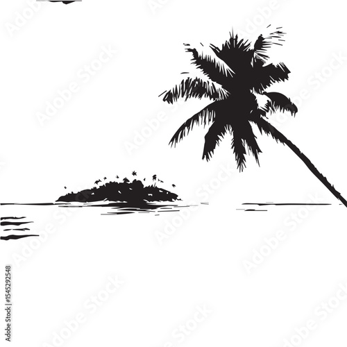 A picturesque tropical beach scene featuring a palm tree island and turquoise water under a blue sky