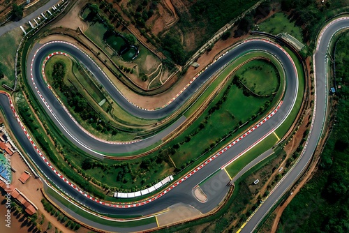 Aerial view of racetrack motorsport circuit race track asphalt and green landscape speedway competition ninety nine