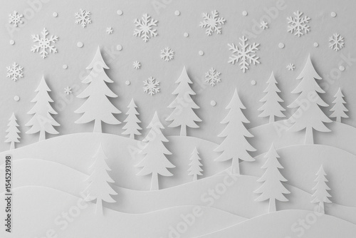 Paper-cut Christmas tree surrounded by snowflakes.