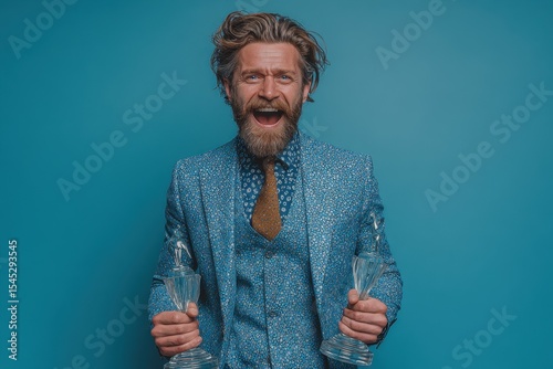 Mature man in three piece suit confidently poses against blue backdrop holding two trophies, symbolizing achievement and recognition photo