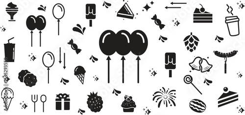 Elements for a birthday party. Happy birthday greeting vector design. Cake, Gifts, Candy, Donut, ballon and firework.