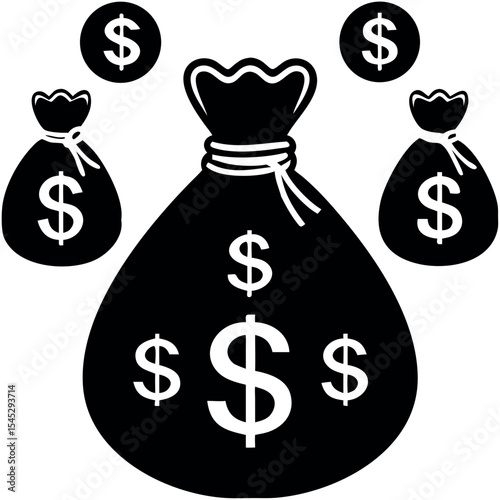 Sack of money or bag of dollar icon silhouette, Money bag silhouette vector