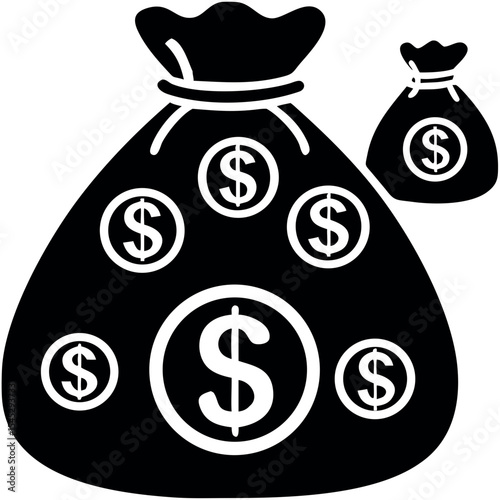Sack of money or bag of dollar icon silhouette, Money bag silhouette vector