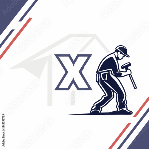 Construction Worker Logo Design with Hammer and Bold Letter X for Renovation and Repair Services