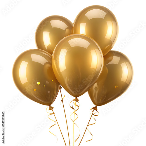 Five gold balloons bunch isolated on transparent background