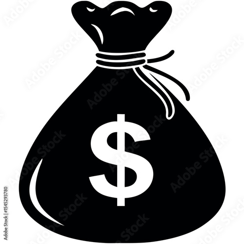 Sack of money or bag of dollar icon silhouette, Money bag silhouette vector