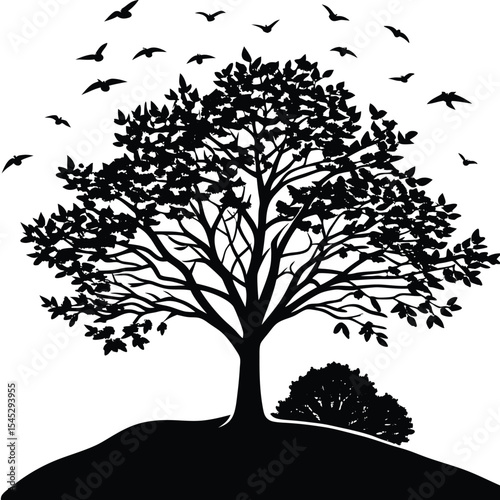 A Detailed Silhouette of a Lone Tree on a Hilltop with Birds in Flight A Vector Illustration