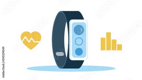 A fitness tracker with a screen displaying data next to a heart and a bar graph icon