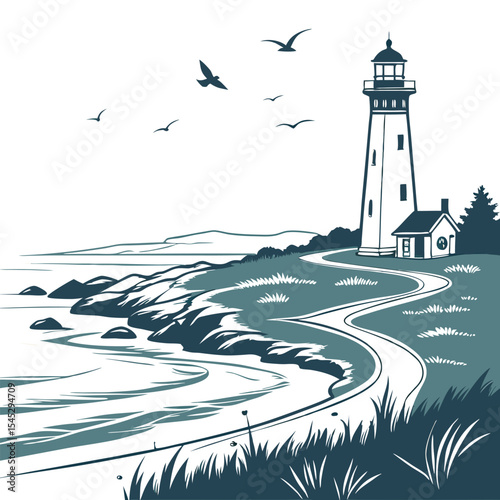 Coastal Lighthouse Silhouette Serene Seascape Illustration