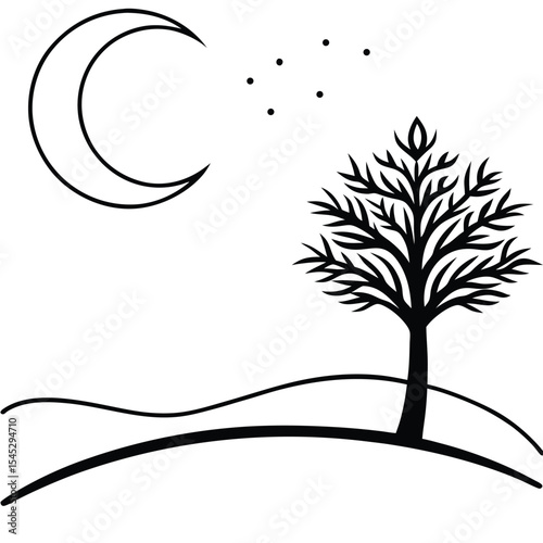 Crescent Moon Silhouette Lone Tree on Hilltop Night Landscape Illustration
