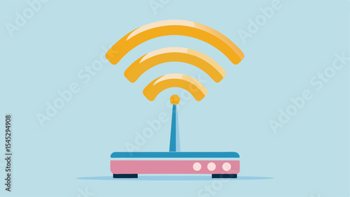 Illustration of a wifi router with three signal bars on a light blue background network device