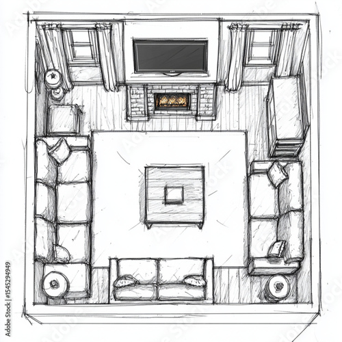 space plan for a living room with a TV on the wall and a fireplace, space to have windows and entrance point.  2d line drawing